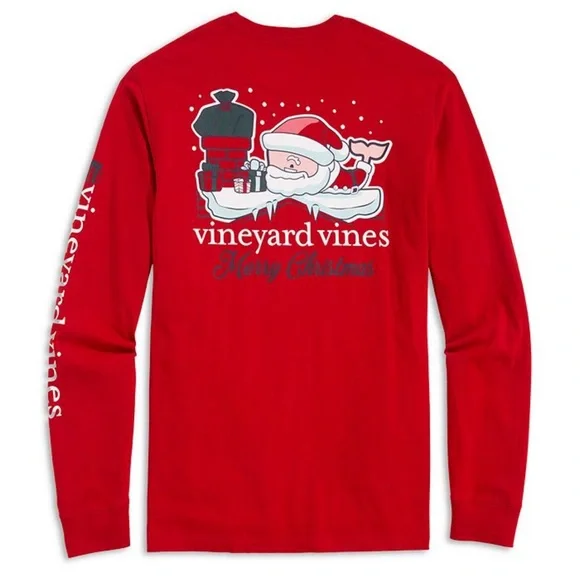 NWT Vineyard Vines Santa Whale Christmas Red Long Sleeve Graphic Pocket Tee - Picture 2 of 10